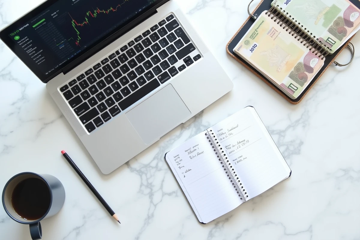 Vue aérienne d'un espace de planification d'investissement DCA en cryptomonnaies avec interface eToro sur ordinateur