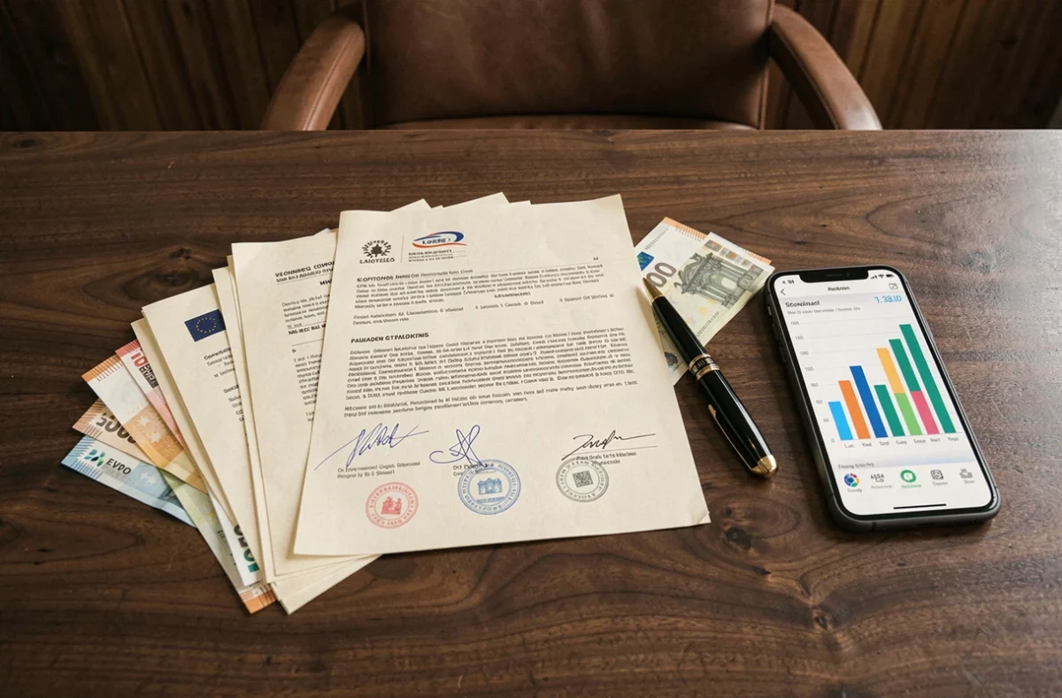 Flat-lay de contrats signés, billets en euros et stylo de luxe sur bureau en noyer évoquant les salaires et deals médiatiques