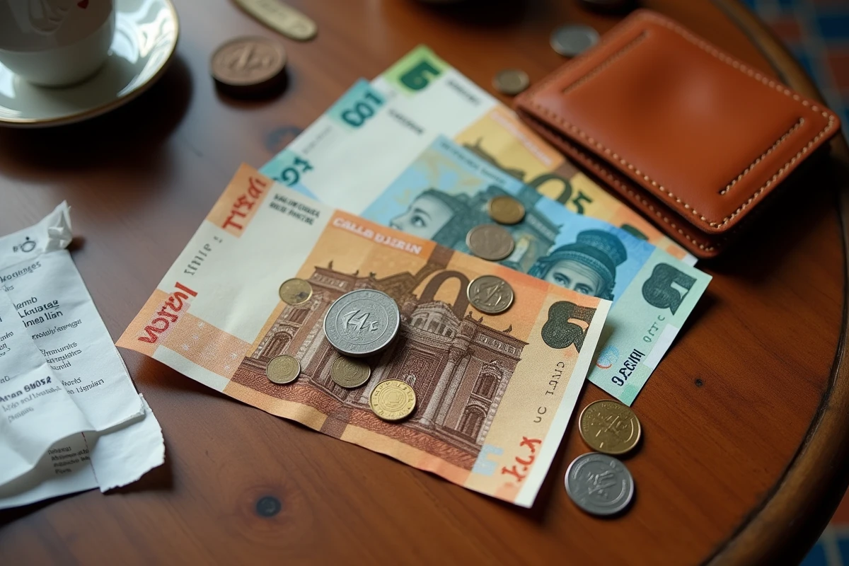 Vue de dessus dirhams et euros avec portefeuille de voyage et reçu de change sur table de café marocain