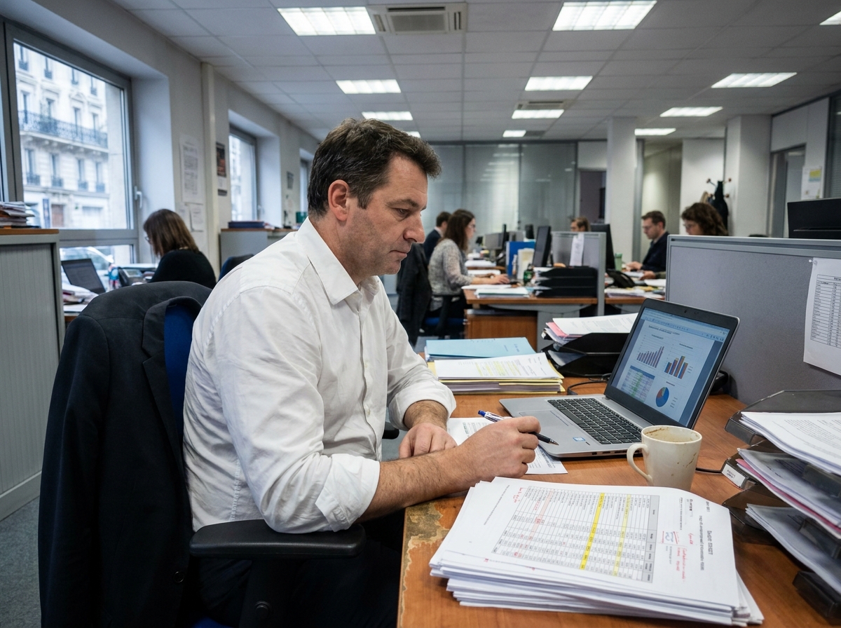 Fonctionnaire masculin analysant ses dettes et crédits personnels dans un bureau administratif