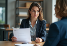 Jeune femme d'affaires expliquant frais de dossier