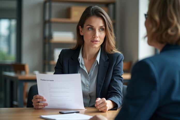 Jeune femme d'affaires expliquant frais de dossier