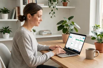 Femme gérant ses comptes bancaires en ligne depuis son bureau à domicile sur un ordinateur portable