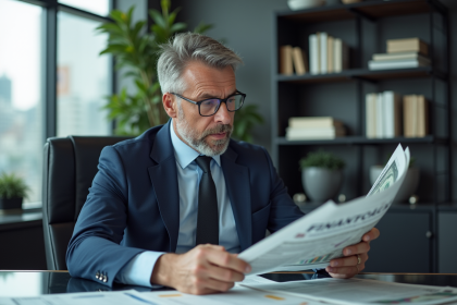 Homme d'affaires en costume analysant des documents financiers