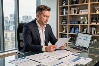 Homme d'affaires en costume marine examinant des contrats financiers dans un bureau exécutif moderne à Paris