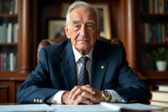 Homme agee en costume assis à un bureau en bois