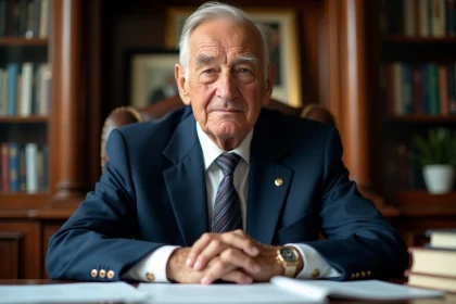 Homme agee en costume assis à un bureau en bois