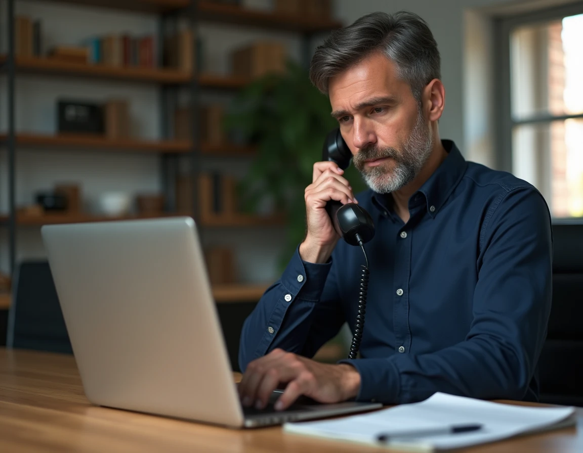 Homme utilisant un téléphone fixe pour appeler Cetelem depuis son bureau à domicile