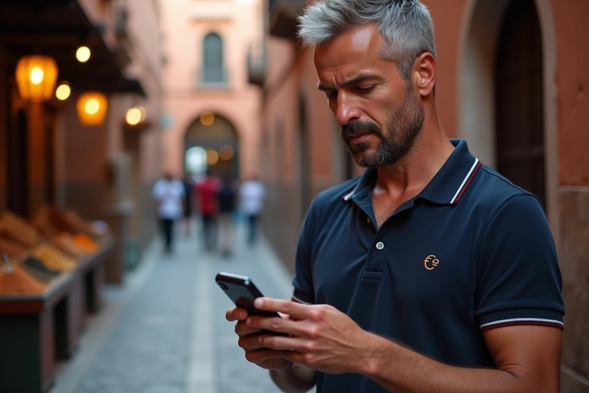 Homme utilisant une application de conversion dirham euro sur smartphone dans une médina marocaine