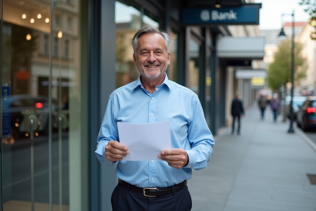 Homme content tenant une lettre dapprobation devant une banque