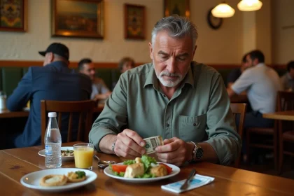 Homme argentin comptant des pesos dans un restaurant cosy
