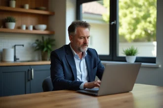 Homme d'affaires naviguant sur son ordinateur dans une cuisine chaleureuse