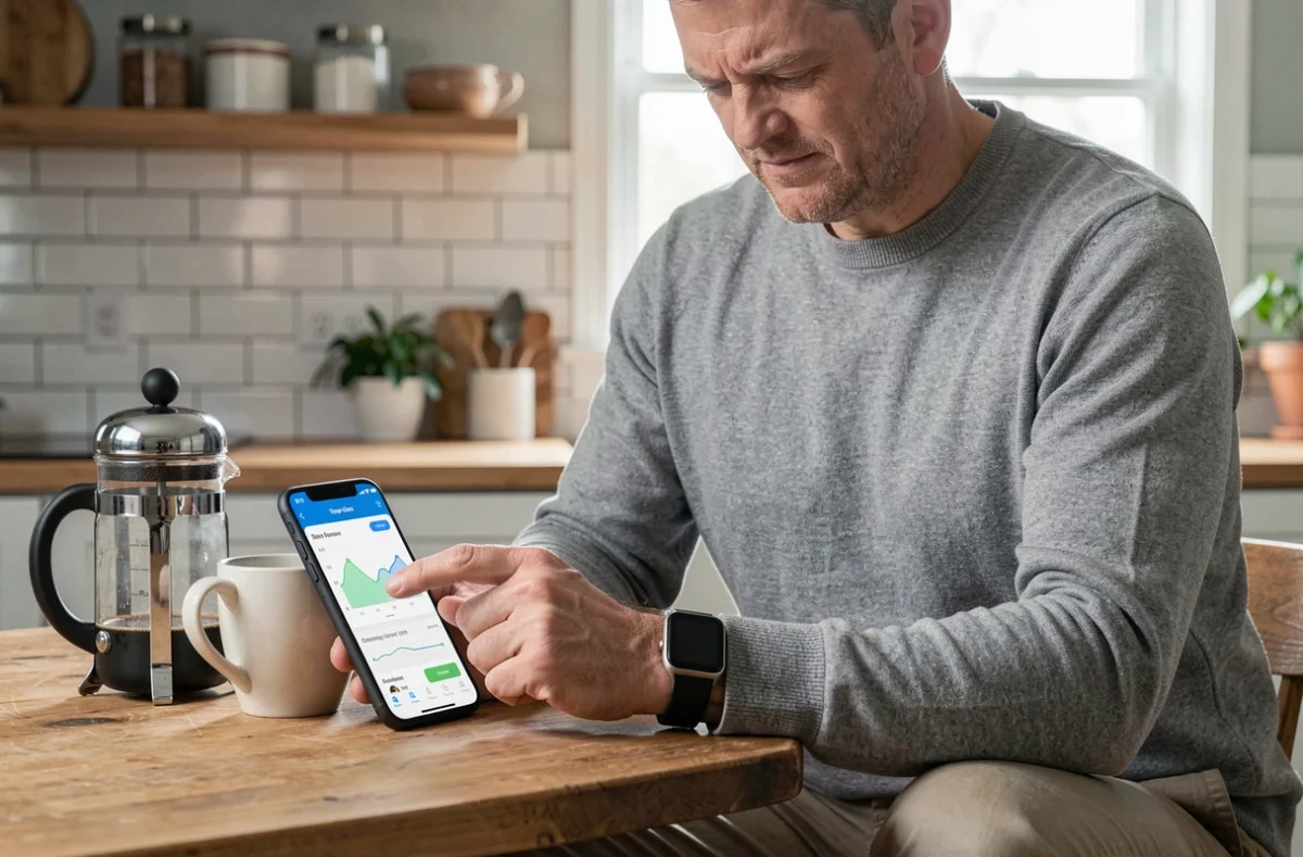 Homme comparant son bracelet connecté et une application gratuite de marche rémunérée dans une cuisine