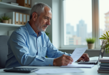 Éviter les frais d’une société de recouvrement : nos conseils pratiques Homme d'âge moyen dans un bureau à domicile en train de revoir des documents