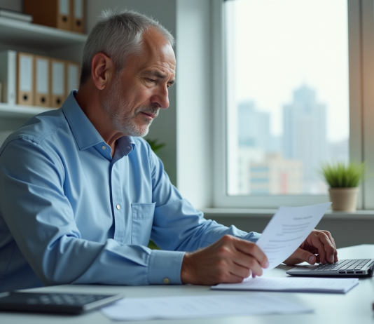 Éviter les frais d’une société de recouvrement : nos conseils pratiques Homme d'âge moyen dans un bureau à domicile en train de revoir des documents