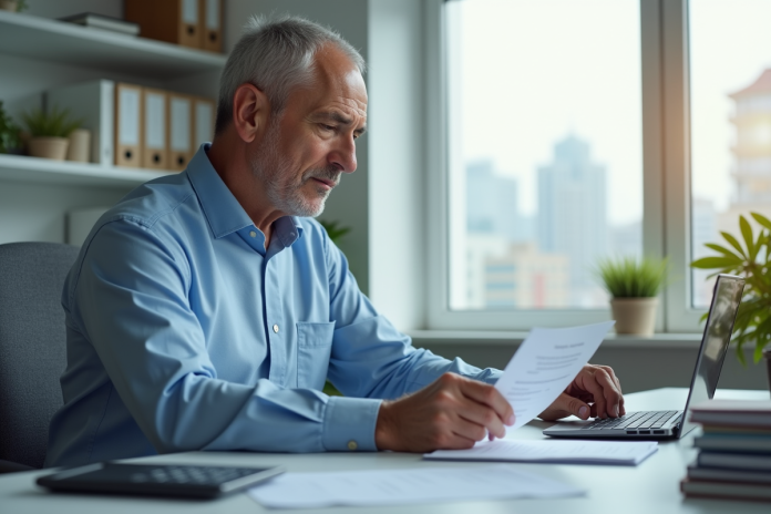 homme-bureau-ordinateur Homme d'âge moyen dans un bureau à domicile en train de revoir des documents