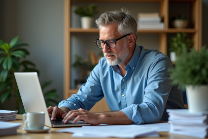 Homme d'âge moyen travaillant dans un bureau calme et organisé