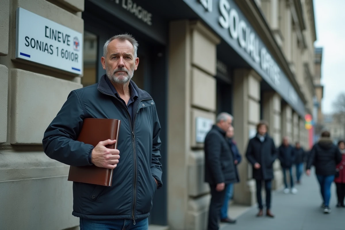 Homme seul devant un bureau des services sociaux tenant un dossier administratif RSA
