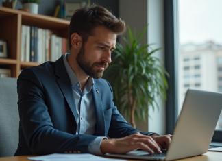 Jeune homme en blazer examine des graphiques Solana