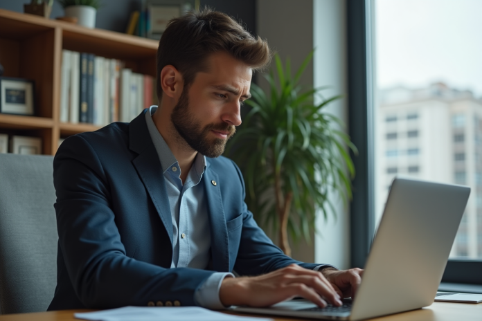 homme-bureau-solana Jeune homme en blazer examine des graphiques Solana