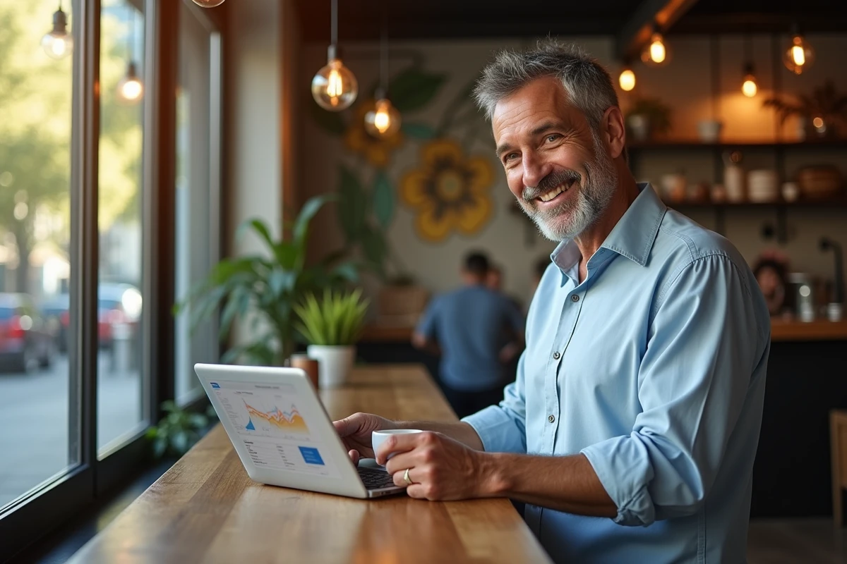Homme au café consultant un tableau financier