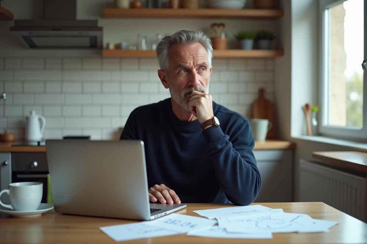 Homme calculant son salaire net depuis son domicile avec un ordinateur portable et des documents de paie