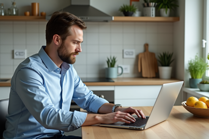Homme en chemise bleue utilisant un calculateur de prêt immobilier