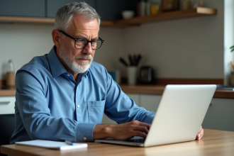 Homme d'âge moyen concentré sur un calculateur de retraite