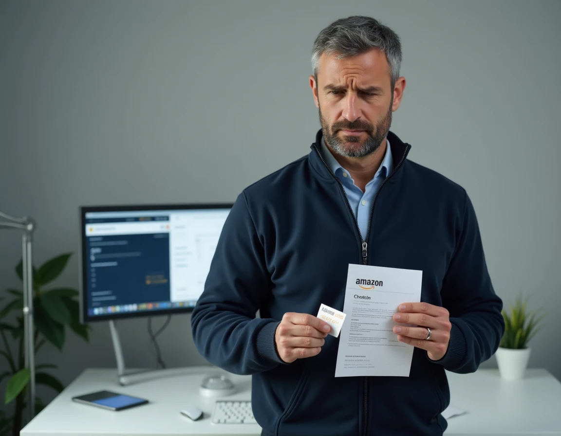 Homme en pull marine tenant une carte Kadeos Infini et une confirmation de commande Amazon dans un bureau à domicile
