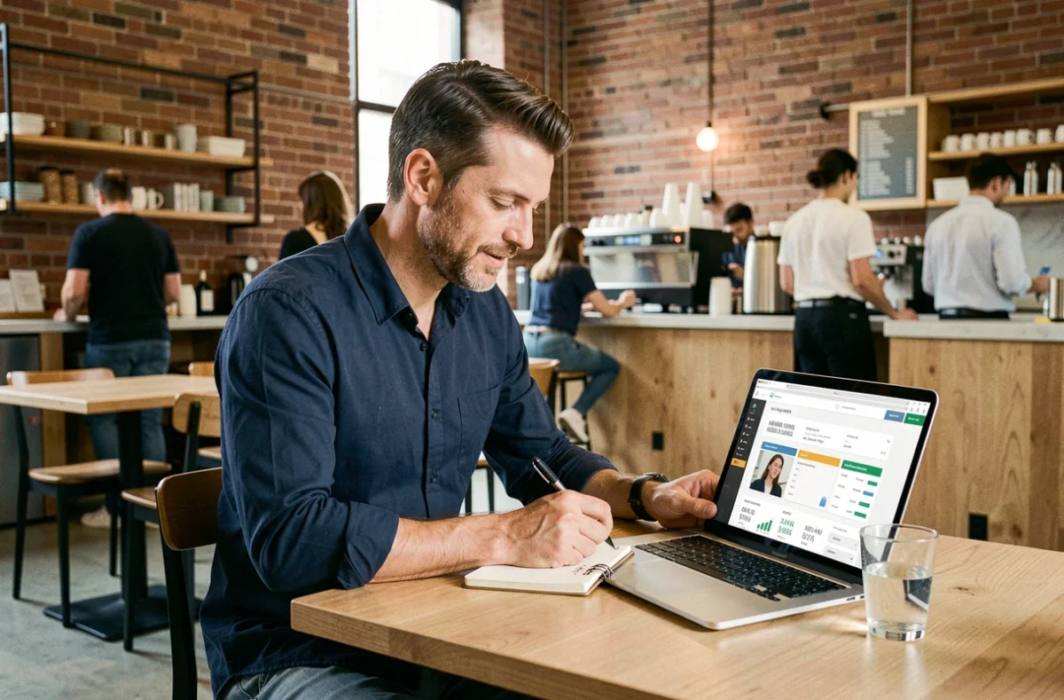 Homme comparant les frais d'épargne en ligne dans un café urbain avec un ordinateur portable
