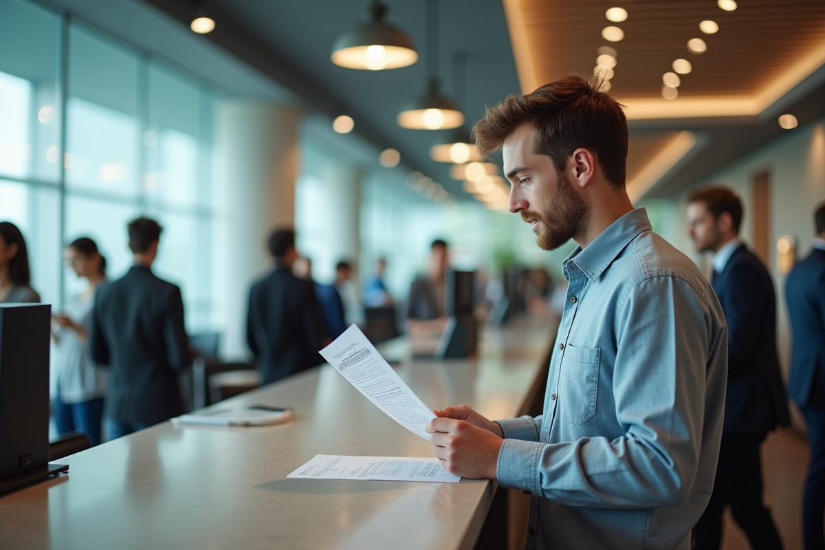 Jeune homme parle avec un agent bancaire au guichet