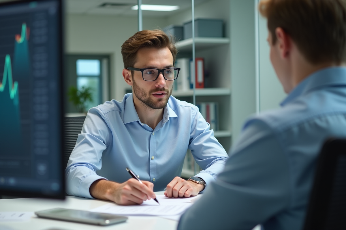 Homme en conseil financier avec un conseiller bancaire au bureau