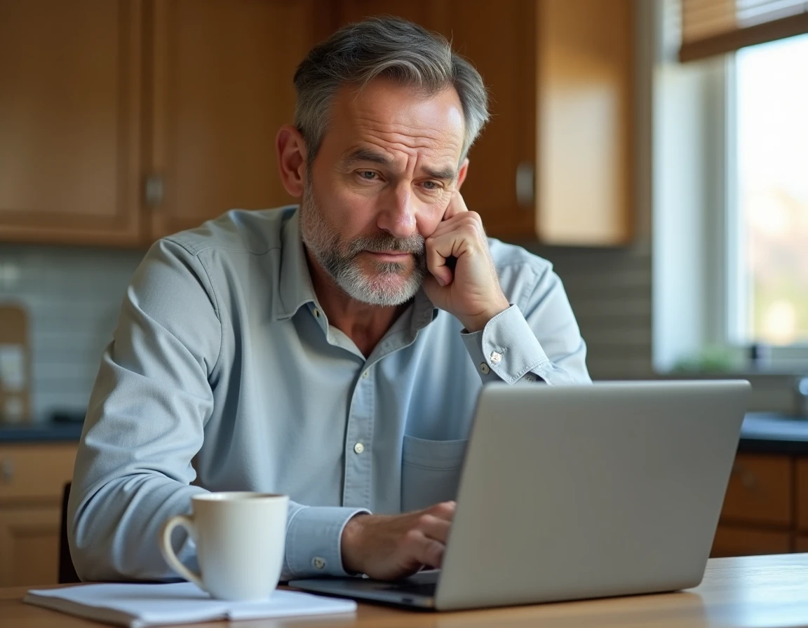 Homme consultant des documents d'assurance IARD sur son ordinateur depuis chez lui