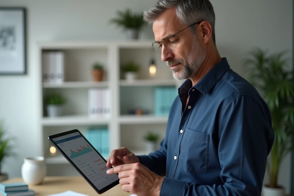 Homme consultant son espace client assurance habitation Merci Victor sur une tablette dans un bureau à domicile