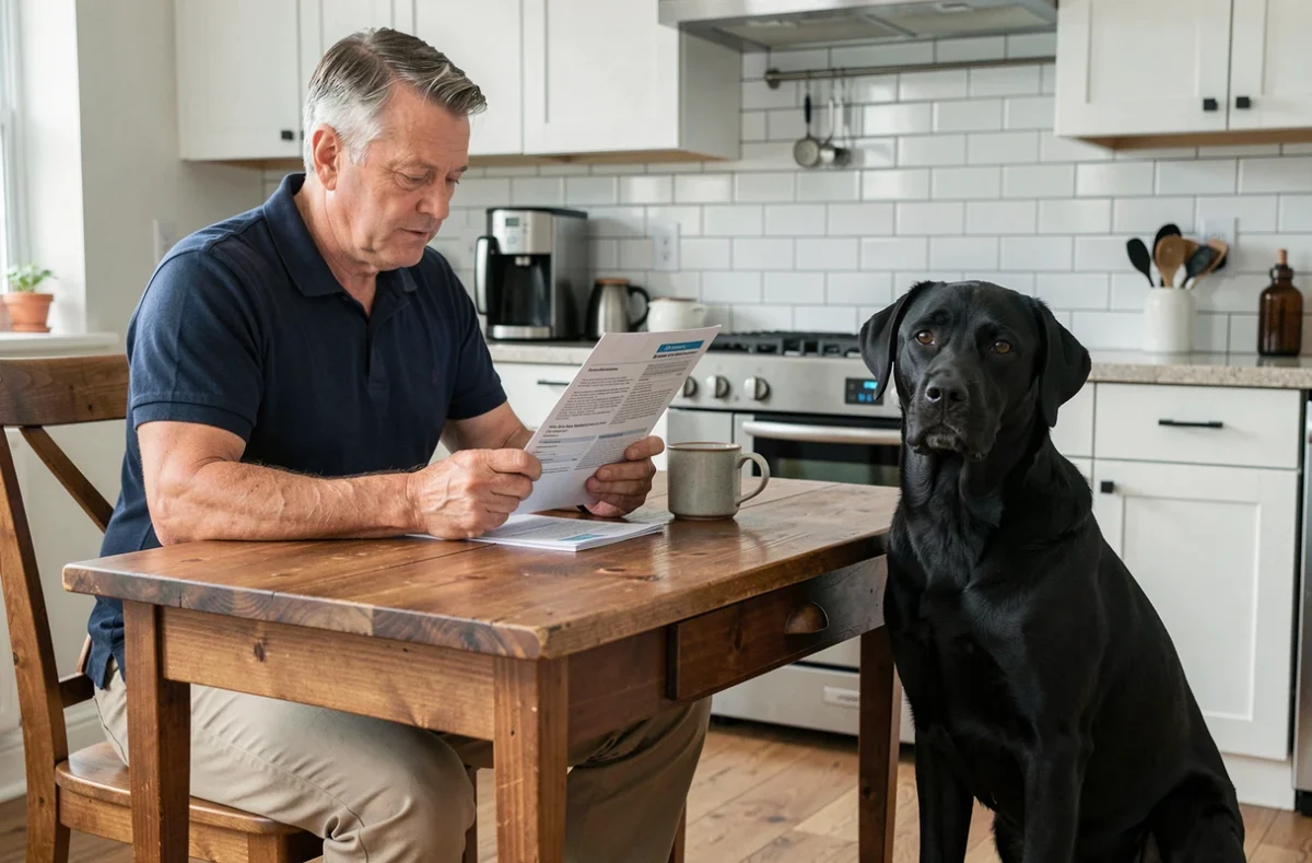 Homme lisant un contrat d'assurance chien avec son labrador noir assis à côté de lui dans une cuisine moderne