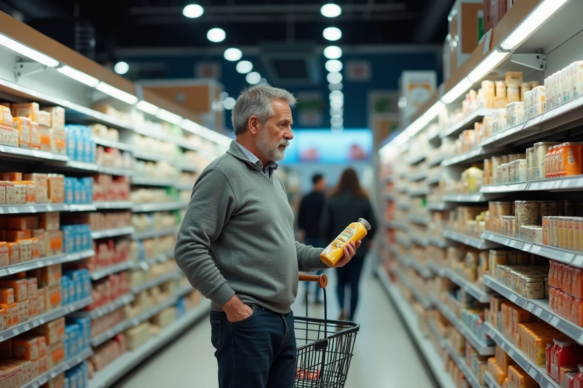 Homme comparant les prix dans un supermarché français, évoquant le pouvoir d'achat avec un salaire net autour de 2000 euros en France