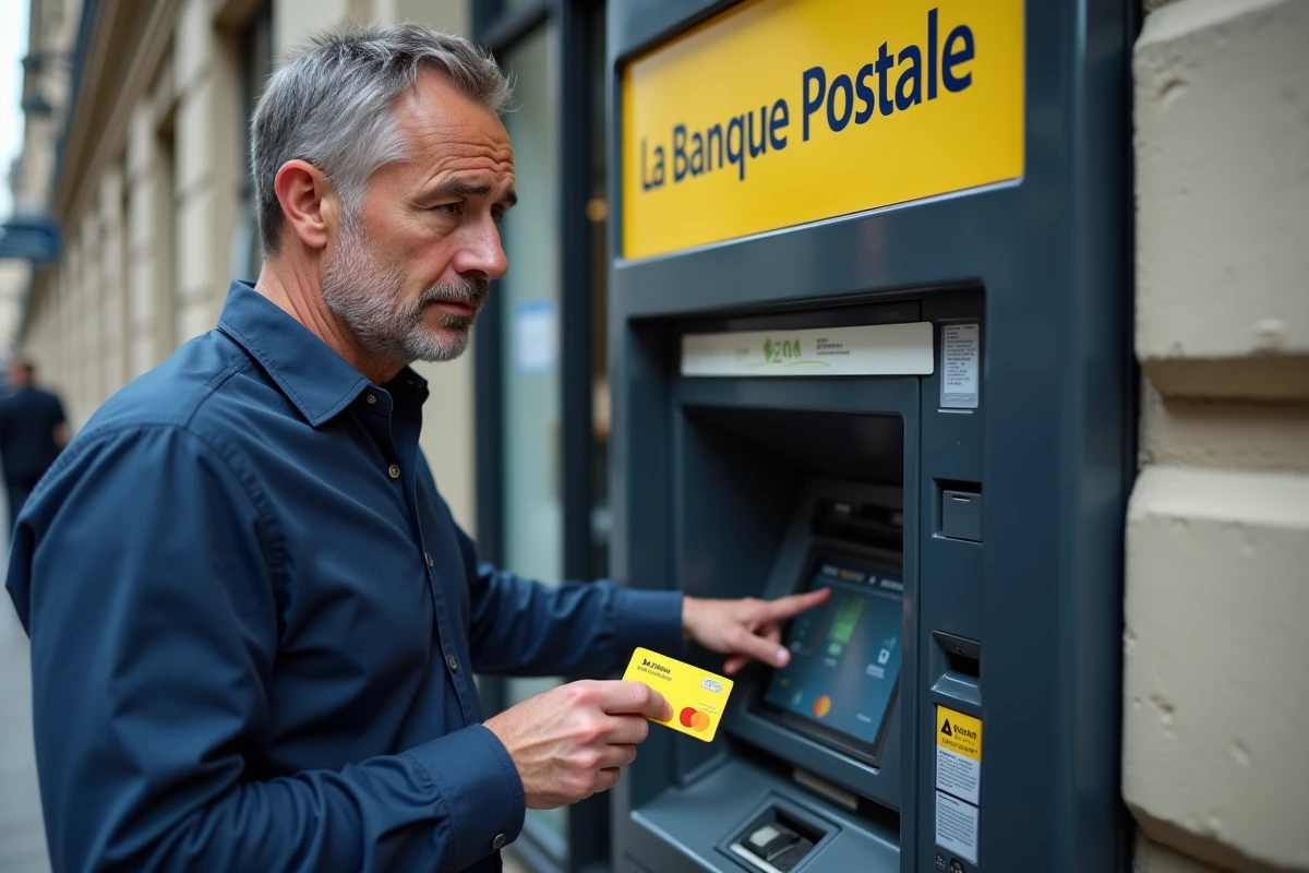 Homme utilisant un distributeur La Banque Postale dans une rue parisienne, tentant d'effectuer un virement instantané avec sa carte bancaire