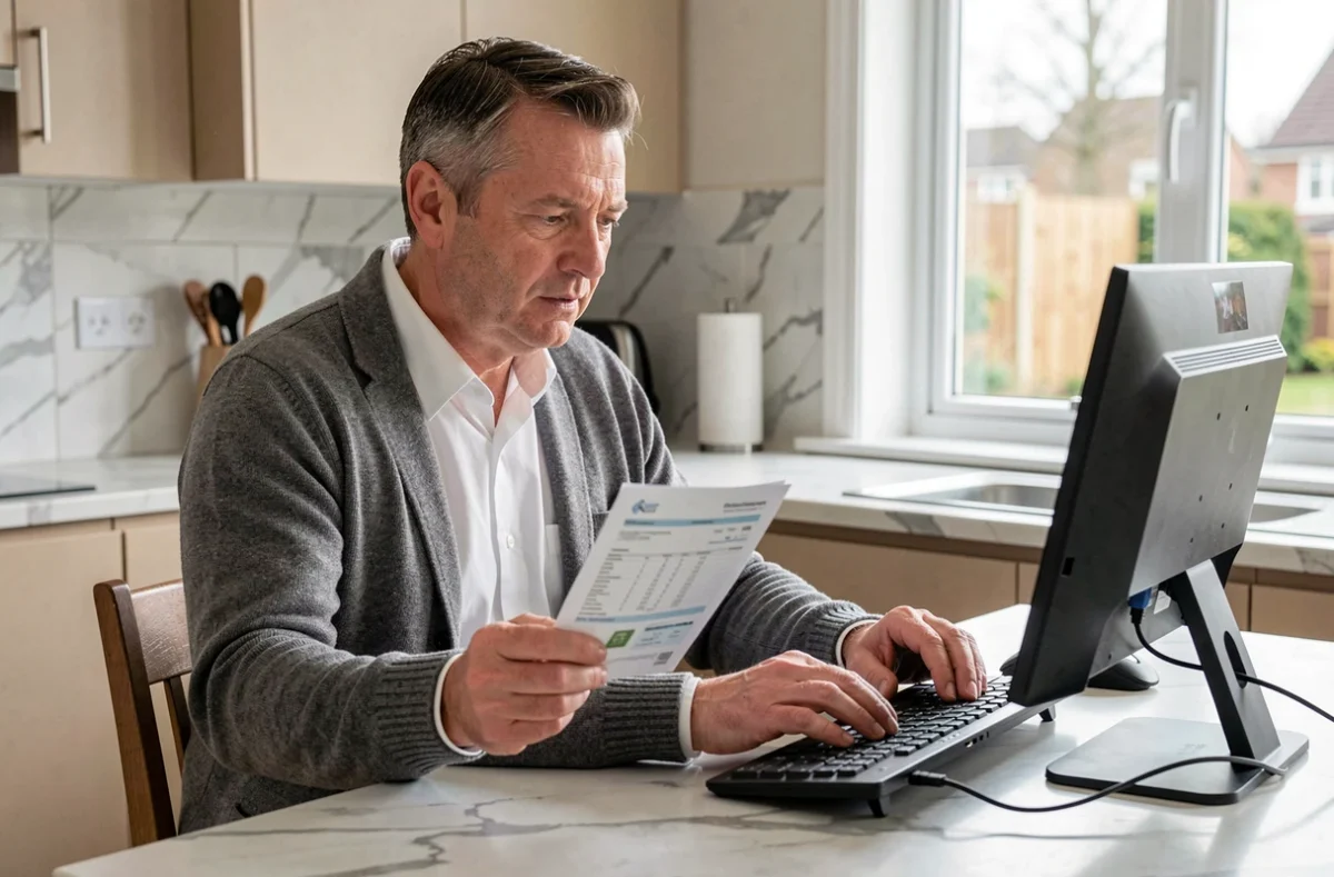 Homme consultant un document bancaire pour récupérer son identifiant sur le site CA PCA