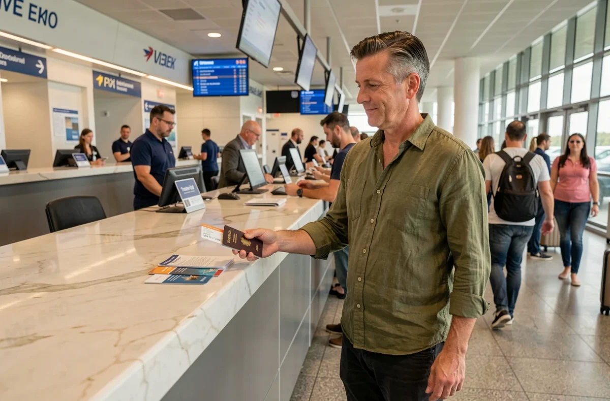 Homme au comptoir d'enregistrement tenant passeport et attestation d'assurance voyage