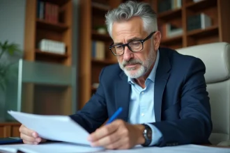 Homme d'âge moyen en costume regardant des relevés financiers