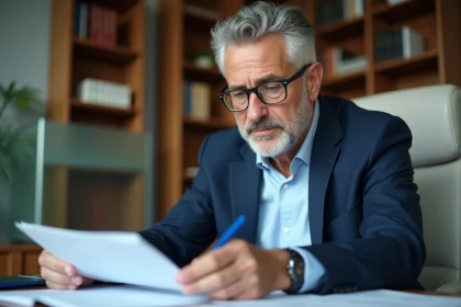 Homme d'âge moyen en costume regardant des relevés financiers