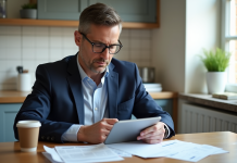 Taxe carbone : quand et comment la payer en France ? Homme d'âge moyen en costume dans une cuisine moderne