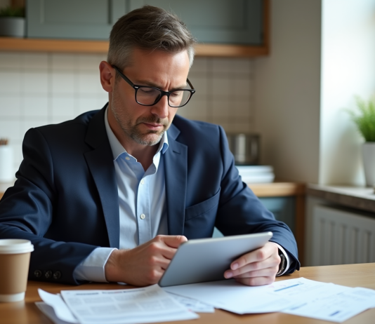 Homme d'âge moyen en costume dans une cuisine moderne