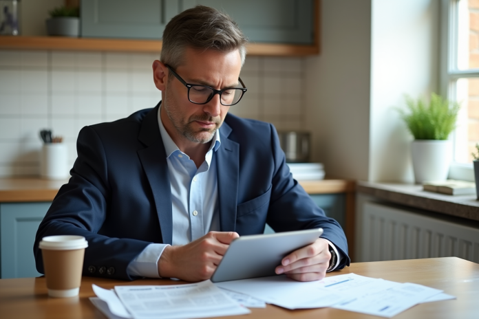 homme-fiscalite-kitchen Homme d'âge moyen en costume dans une cuisine moderne