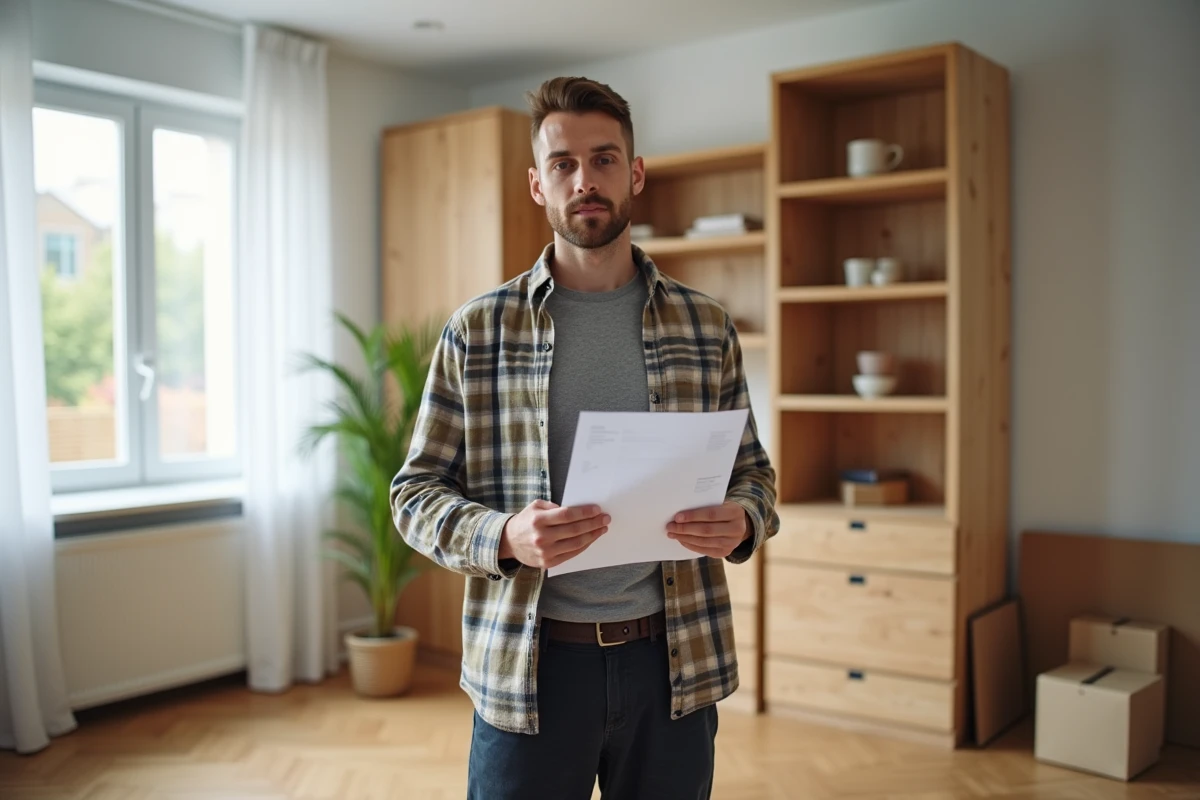 Homme consultant une liste d'achats IKEA dans un salon en cours d'aménagement progressif