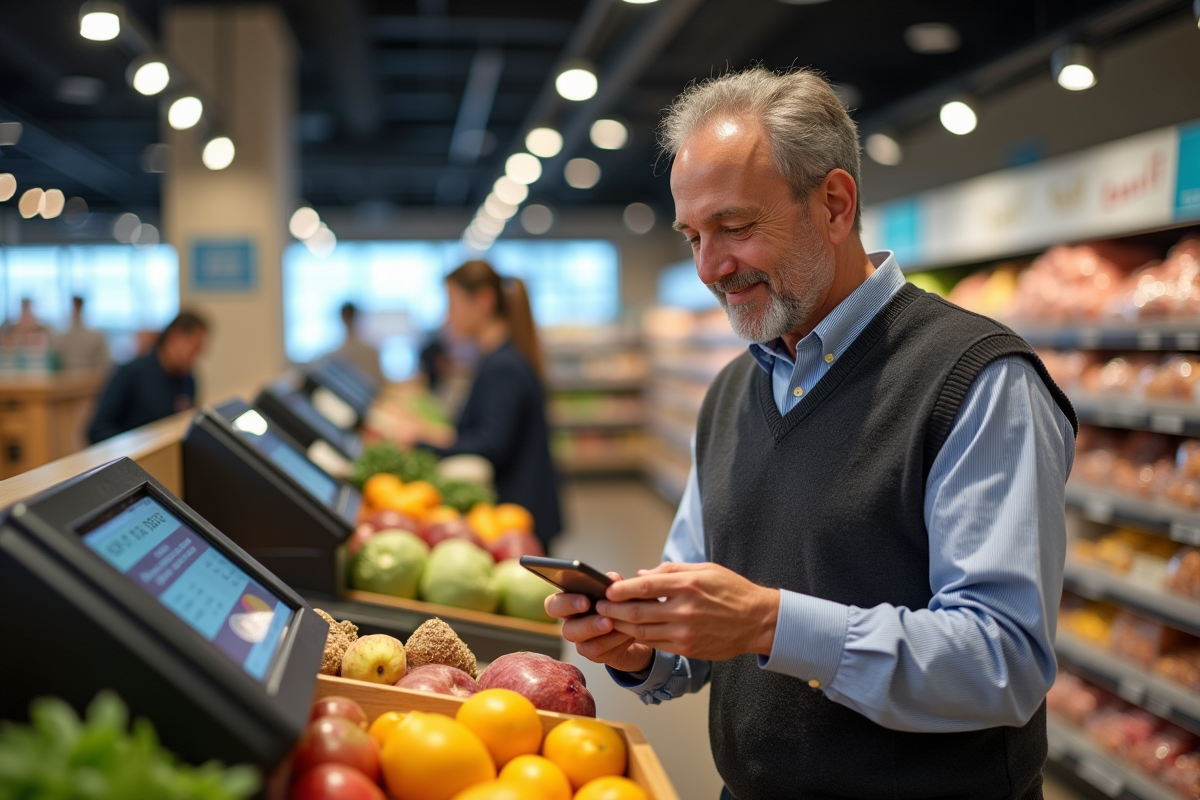 Homme faisant un paiement virtuel au supermarché