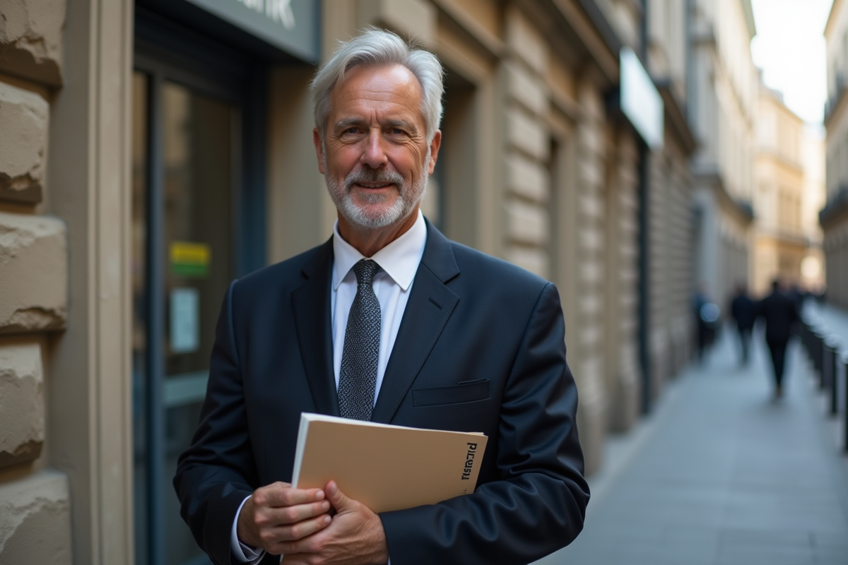 Homme d age avec dossier de pret devant banque urbaine