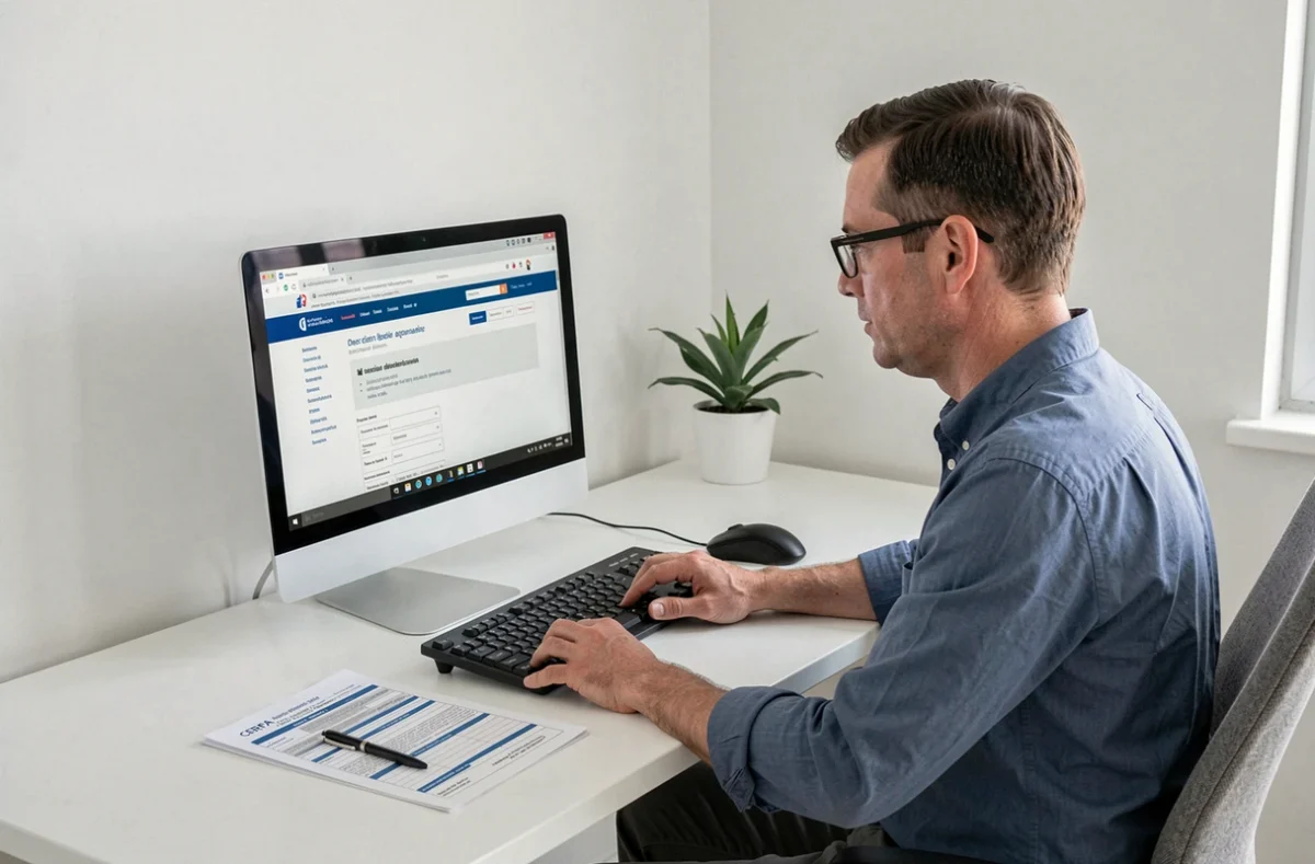 Homme recherchant le formulaire 2042 CERFA sur le site des impôts pour sa déclaration fiscale 2026