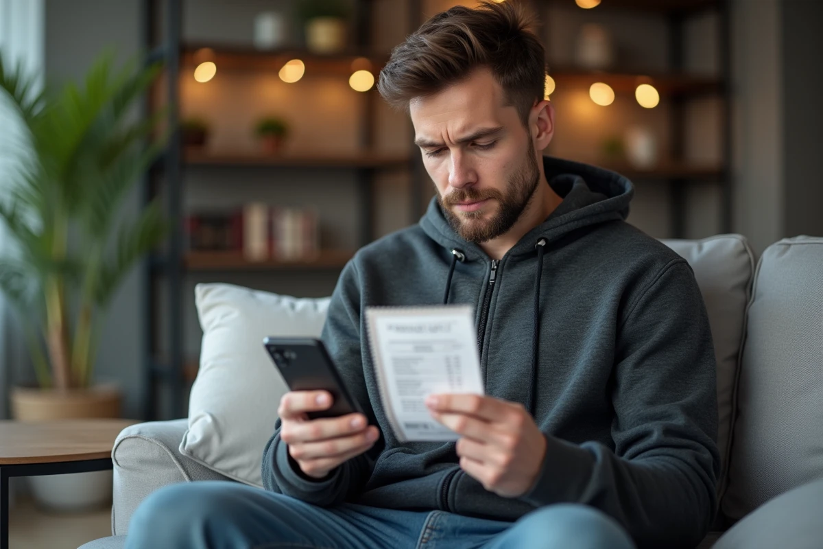 Homme consultant les résultats du tirage Euromillions sur son smartphone avec un ticket à la main