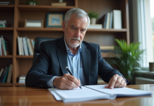 Homme d'âge moyen en costume dans un bureau moderne